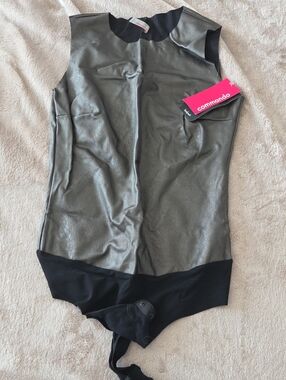 Commando Metallic Pewter Faux Leather Bodysuit with Black Trim